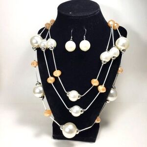 Layered Silver-Tone Ivory & Cream color Beaded Necklace Set w/ Matching Earrings